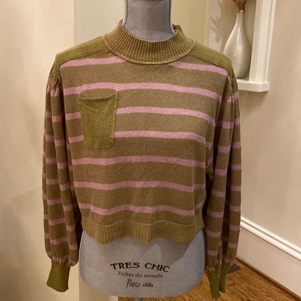 Free People Olive Green and Mauve Striped Cropped Turtleneck Sweater